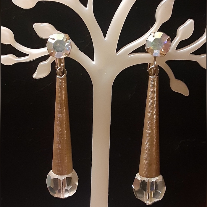 Fiery Ab Crystal & Brushed Goldtone Dangle Earrings C1950 Bergere